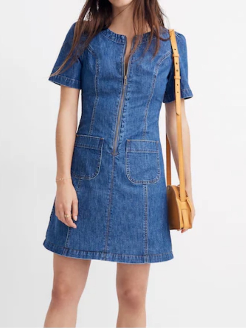 Madewell Denim ALine Zip Dress Sedgwick Wash Size 4 Short Sleeve Jean Mini Dress